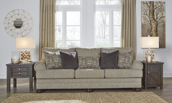 Upholstered Sofa with Rolled Arms and Dark Bun Feet
