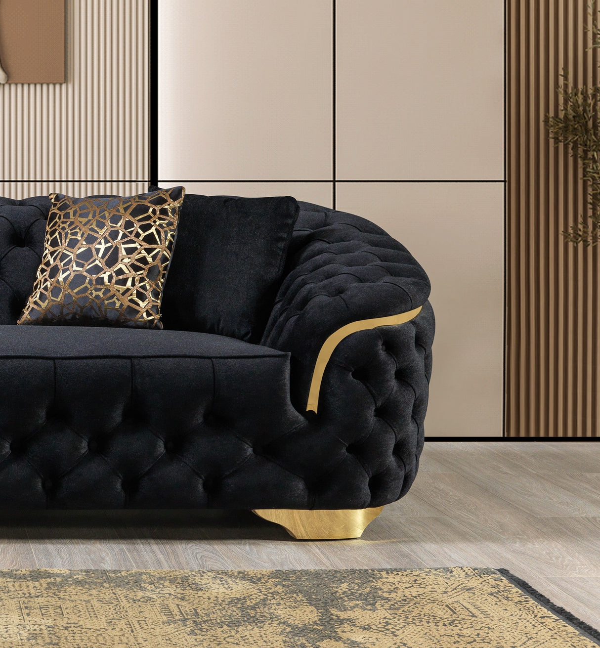 Velvet Sofa Sculpted Metallic Base Black Velvet Tufted Sofa