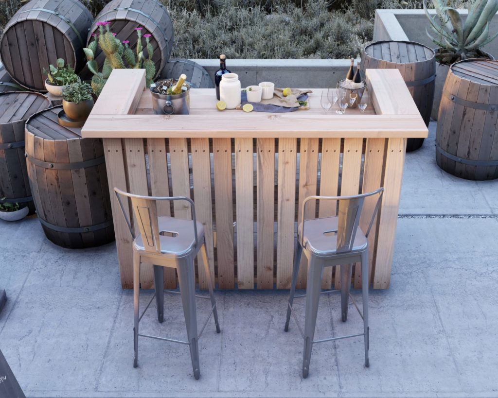 Vertical Slat Outdoor Bar with Industrial Metal Stools