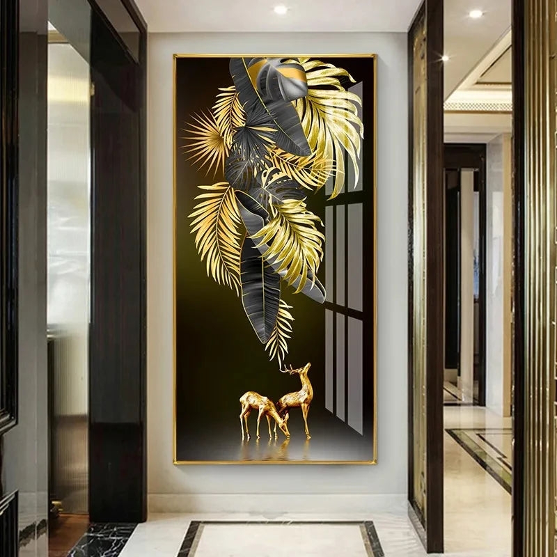 Vertical Wall Art Fawn Silhouettes Golden Tropical Leaf