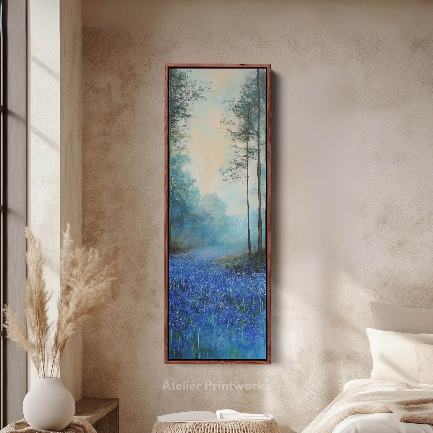 Vertical Wall Art Misty Forest Motif Bluebell Canvas