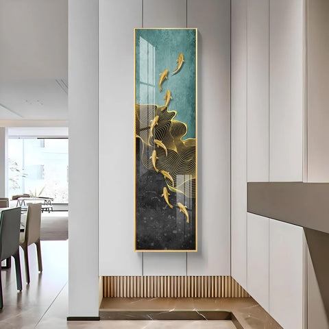 Vertical Wall Art Nine Koi Motif Teal Charcoal Gradient