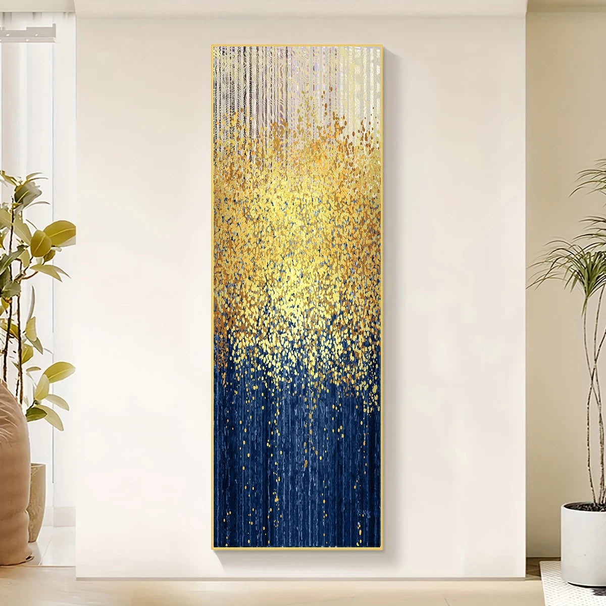 Vertical Wall Art Skyscraper Format Navy and Gold Rain