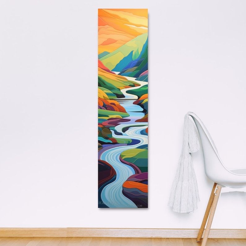 Vertical Wall Art Winding River Motif Colorful Abstract