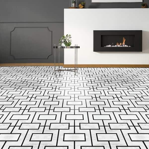 Vinyl Flooring in Modern Greek Key Black White Marble Tile