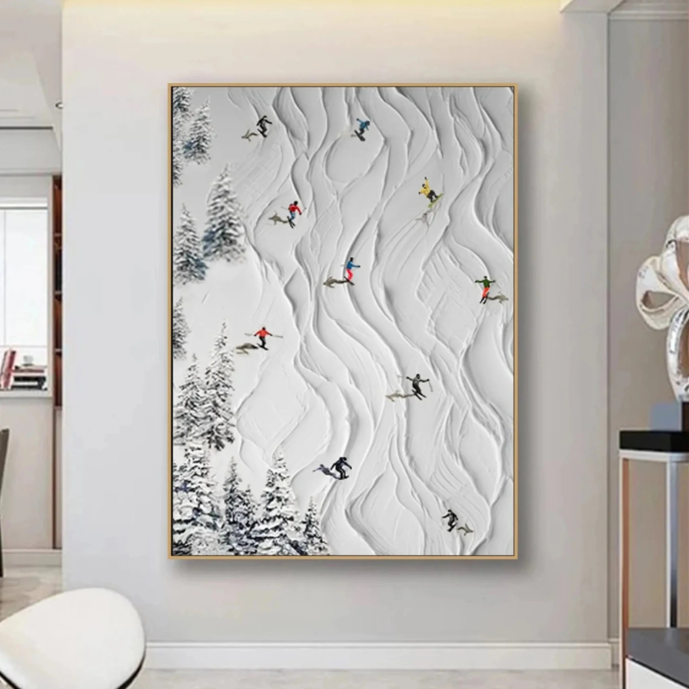 Wall Art 3D Impasto Texture Miniature Skiers Alpine Art