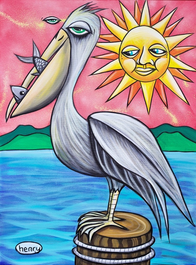 Wall Art Anthropomorphic Sun Hot Pink Sky Whimsical Pelican