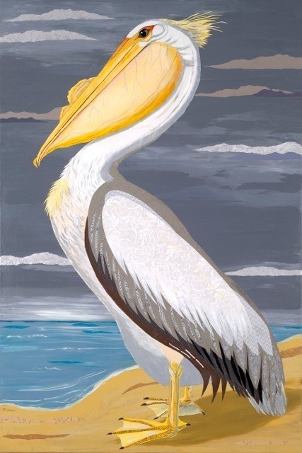 Wall Art Damask Patterned Plumage Mixed Media Pelican Art