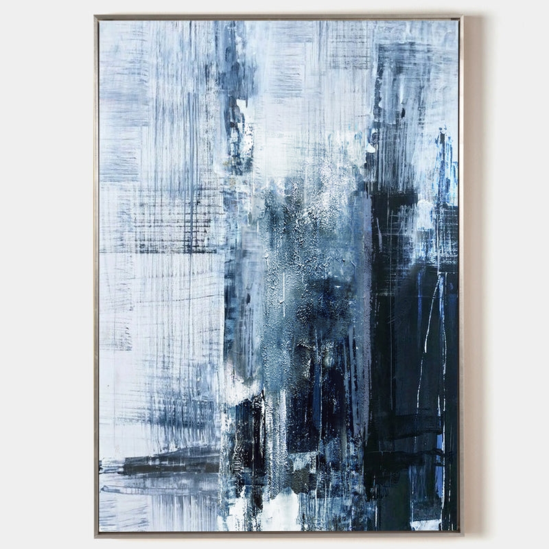 Wall Art Impasto Details Navy Blue White Abstract Print