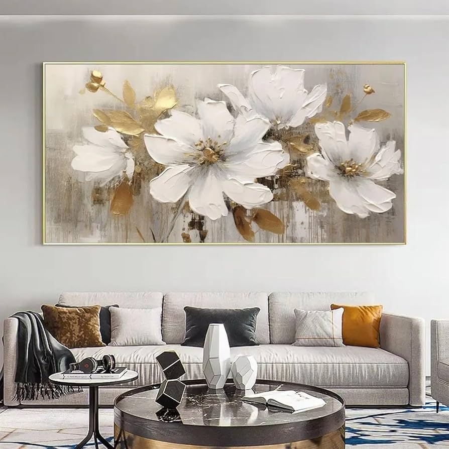 Wall Art Long Horizontal Gold Framed White Flower Painting