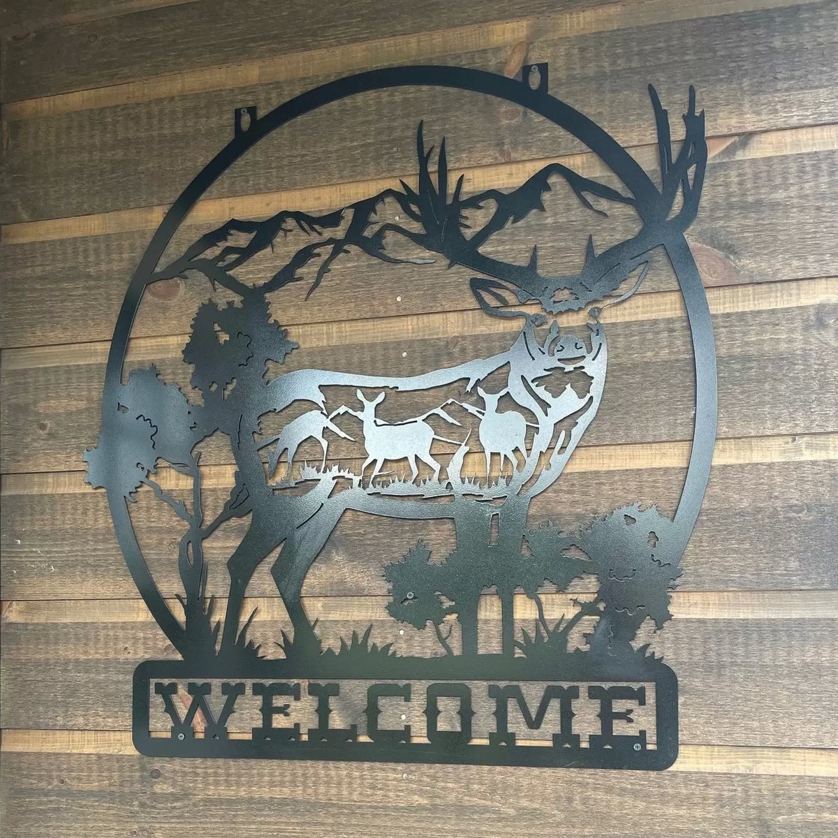 Wall Art Rustic Metal Buck Silhouette Mountain Scene