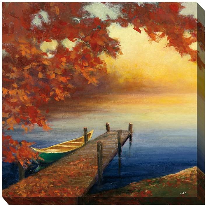 Wall Art Saturated Red Leaves Autumn Lake Dock Wall Art
