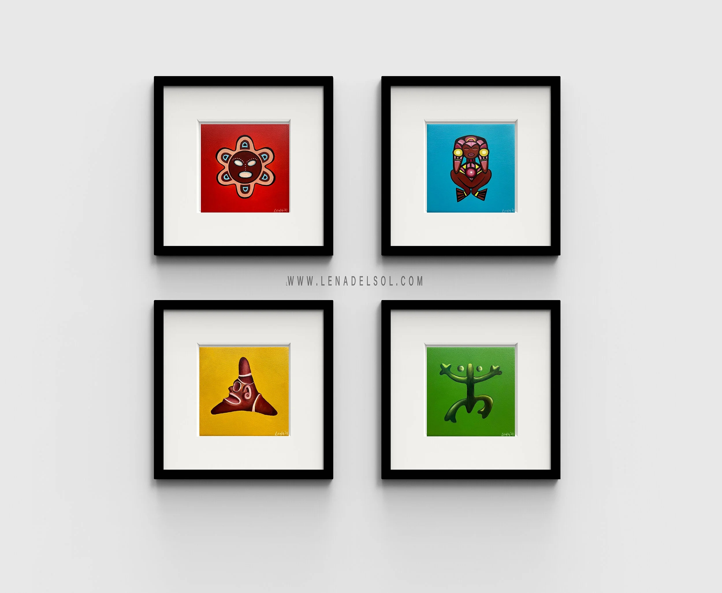 Wall Art Set with Taino Symbols in 2x2 Symmetrical Grid
