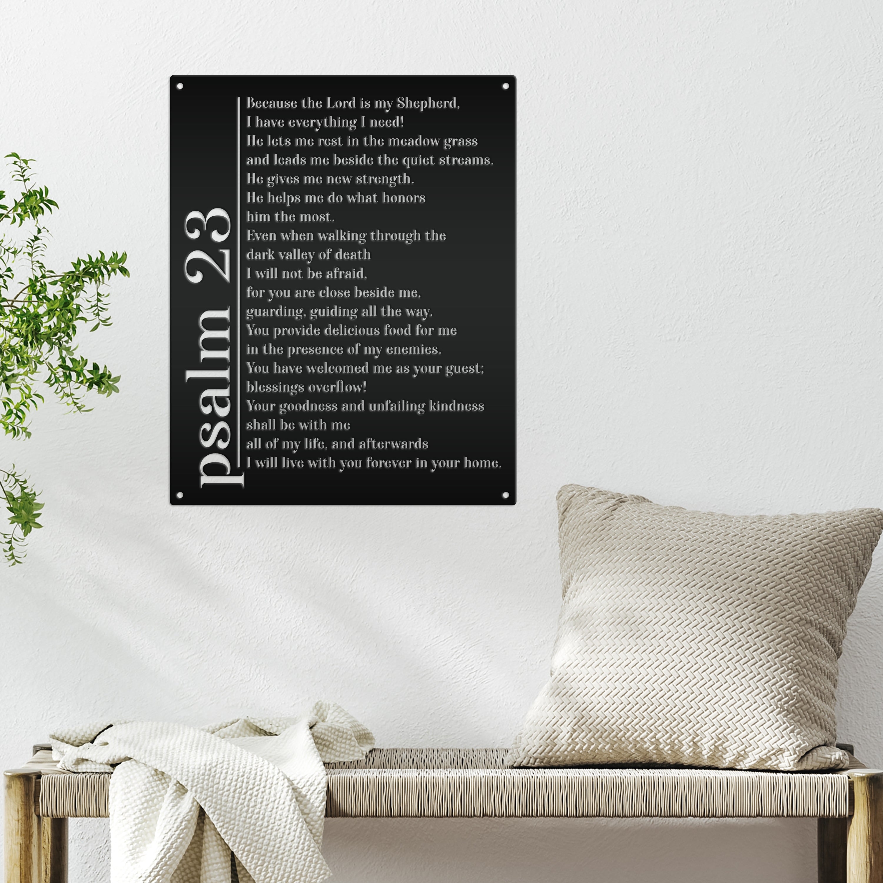 Wall Art Sign Matte Black Metal Psalm 23 Vertical Typography