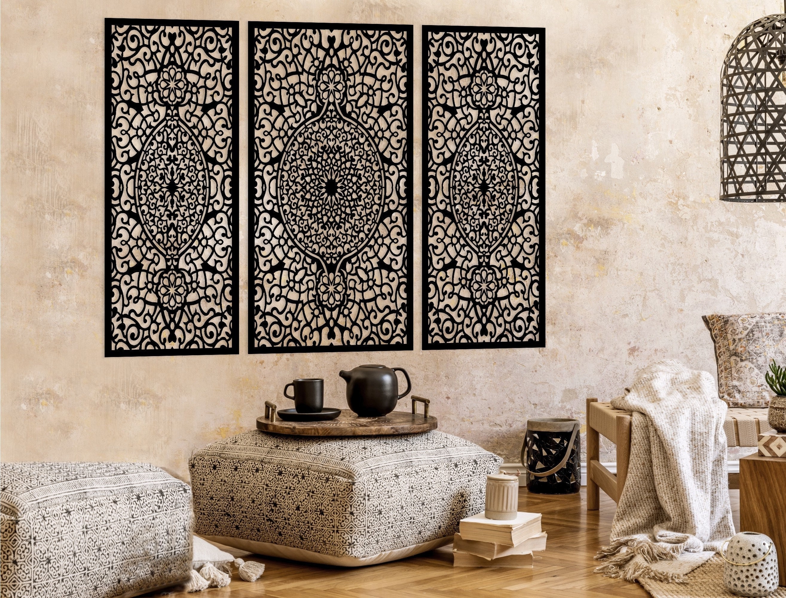 Wall Art Triptych: Matte Black Lattice Wall Hanging
