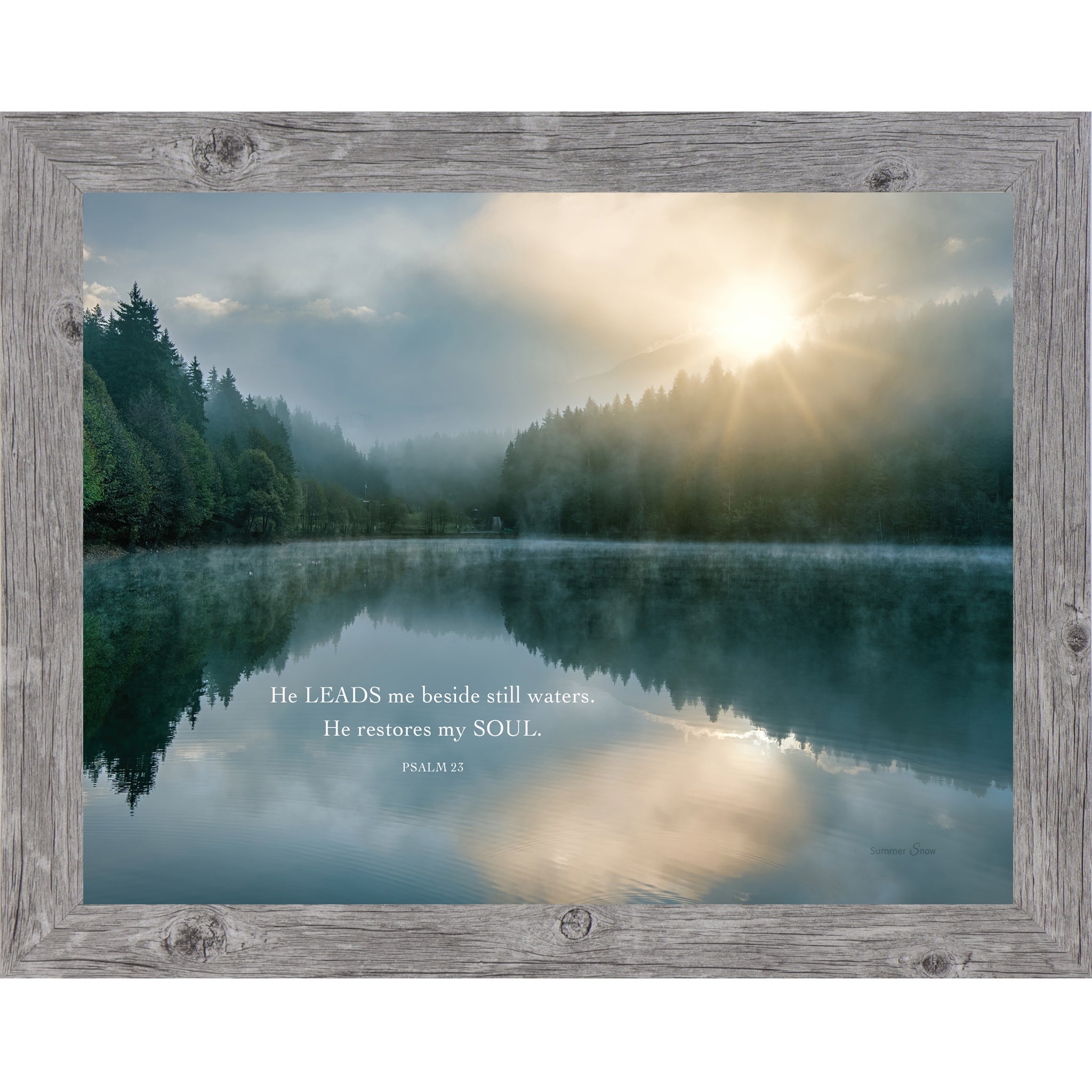 Wall Art Weathered Wood Frame Misty Lake Imagery Psalm 23