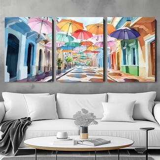 Wall Art with Watercolor Umbrella Motif San Juan Triptych