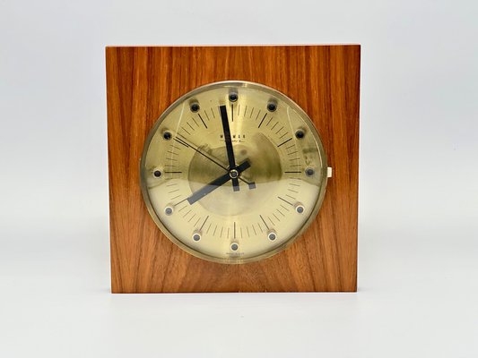 Wall Clock Square Teak Base Cylindrical MCM Brass Square Clock