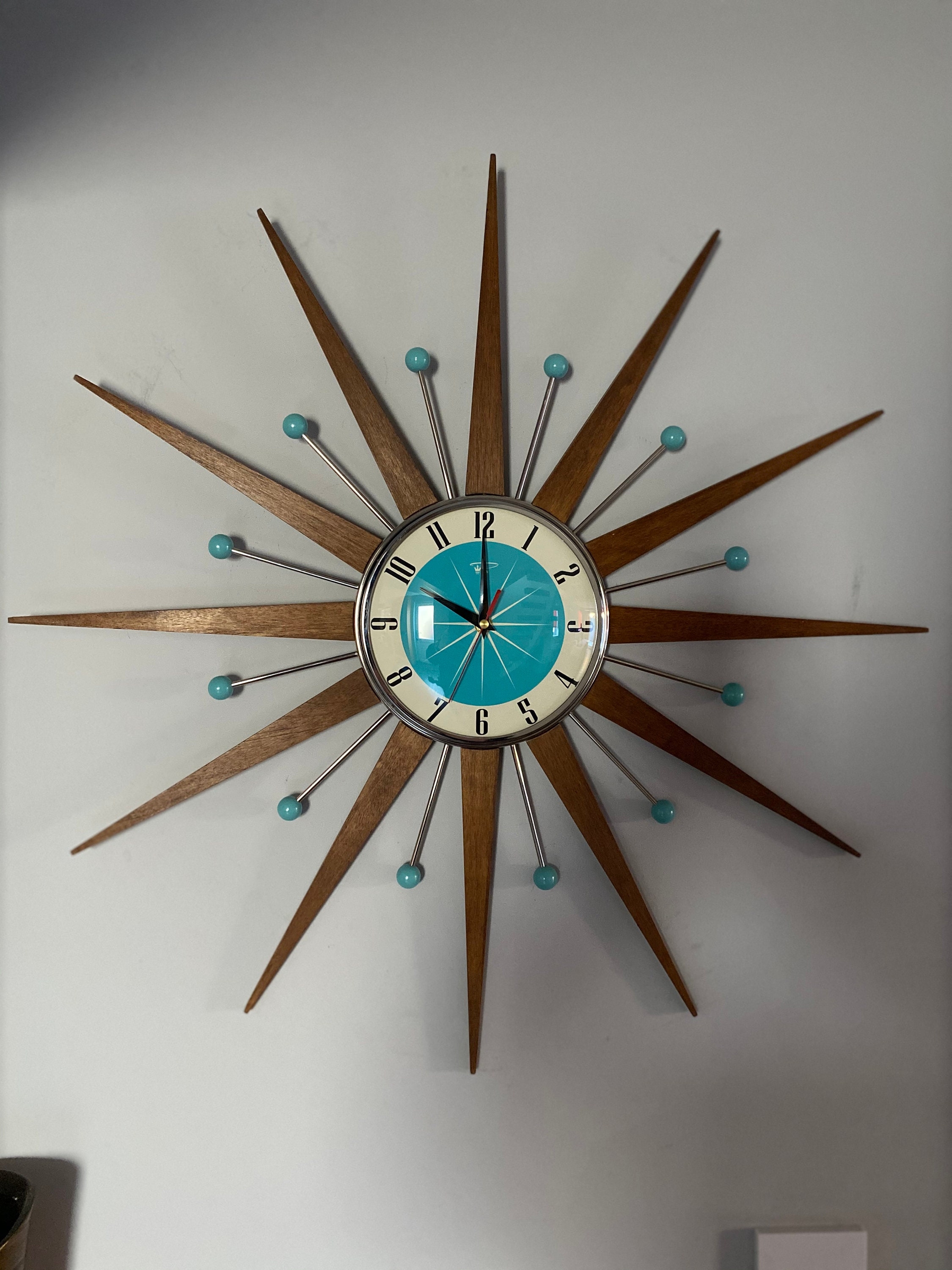 Wall Clock Turquoise Face Retro Atomic Ball Wall Clock