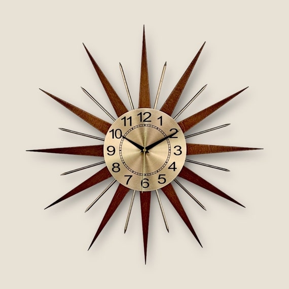 Wall Clock Walnut Brown Spikes Walnut and Brass Sunburst Clock