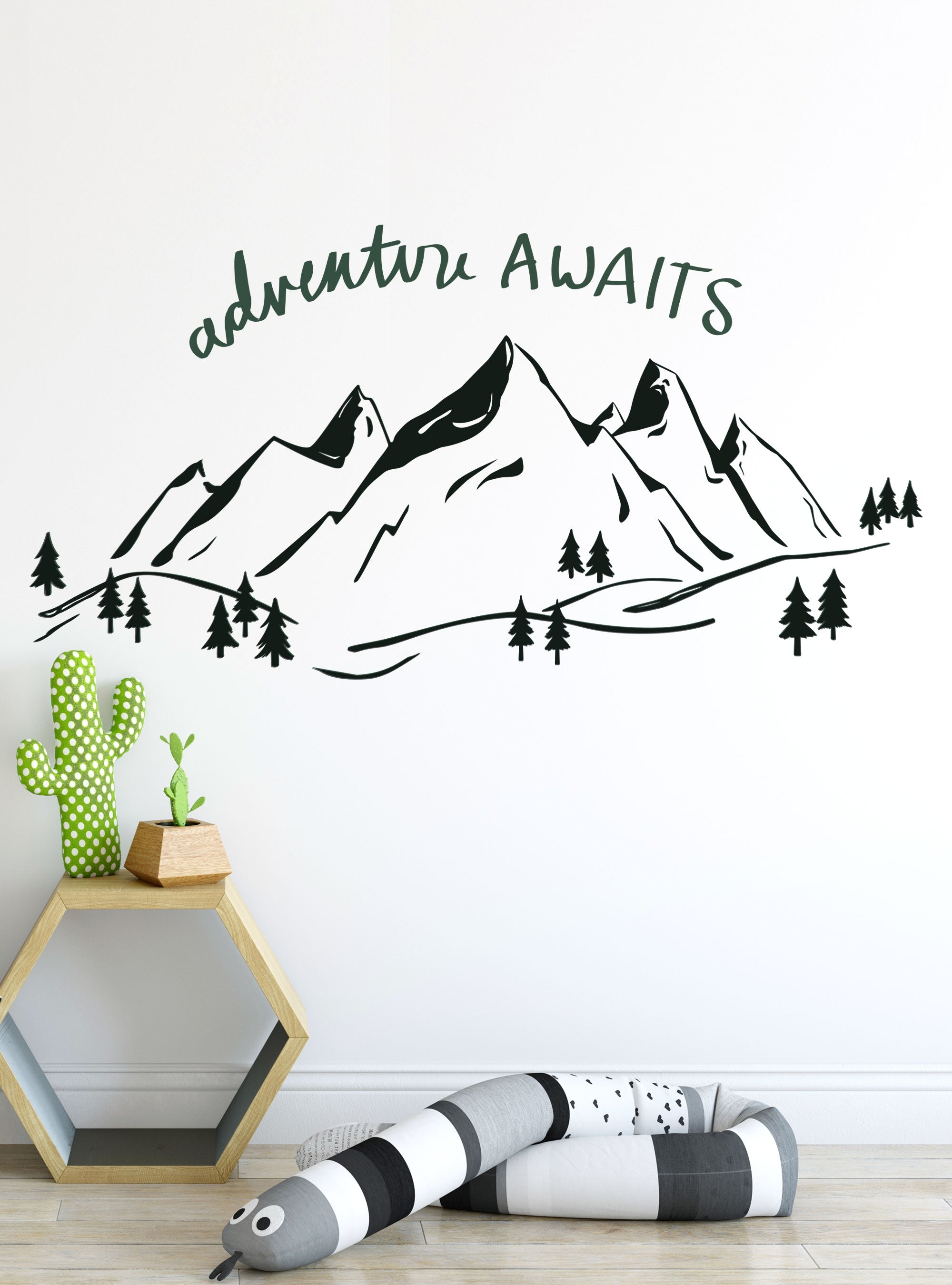 Wall Decal: Adventure Awaits Quote Monochrome Mountain Sticker