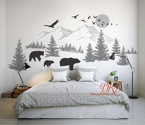 Wall Decal: Bear Family Motif Hatched Mountain Line Art