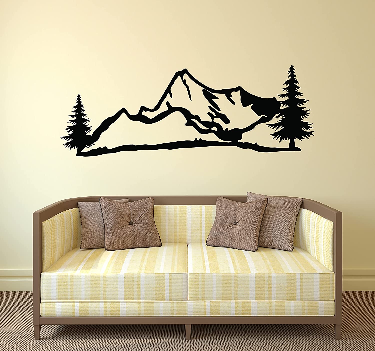 Wall Decal: Pine Tree Motifs Matte Black Mountain Silhouette
