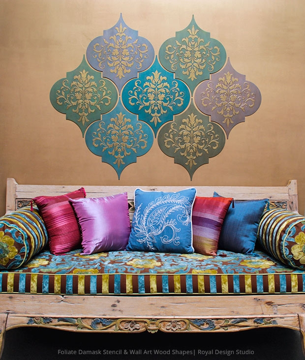 Wall Decor: Stenciled Wood Shapes Gold Damask Patterns
