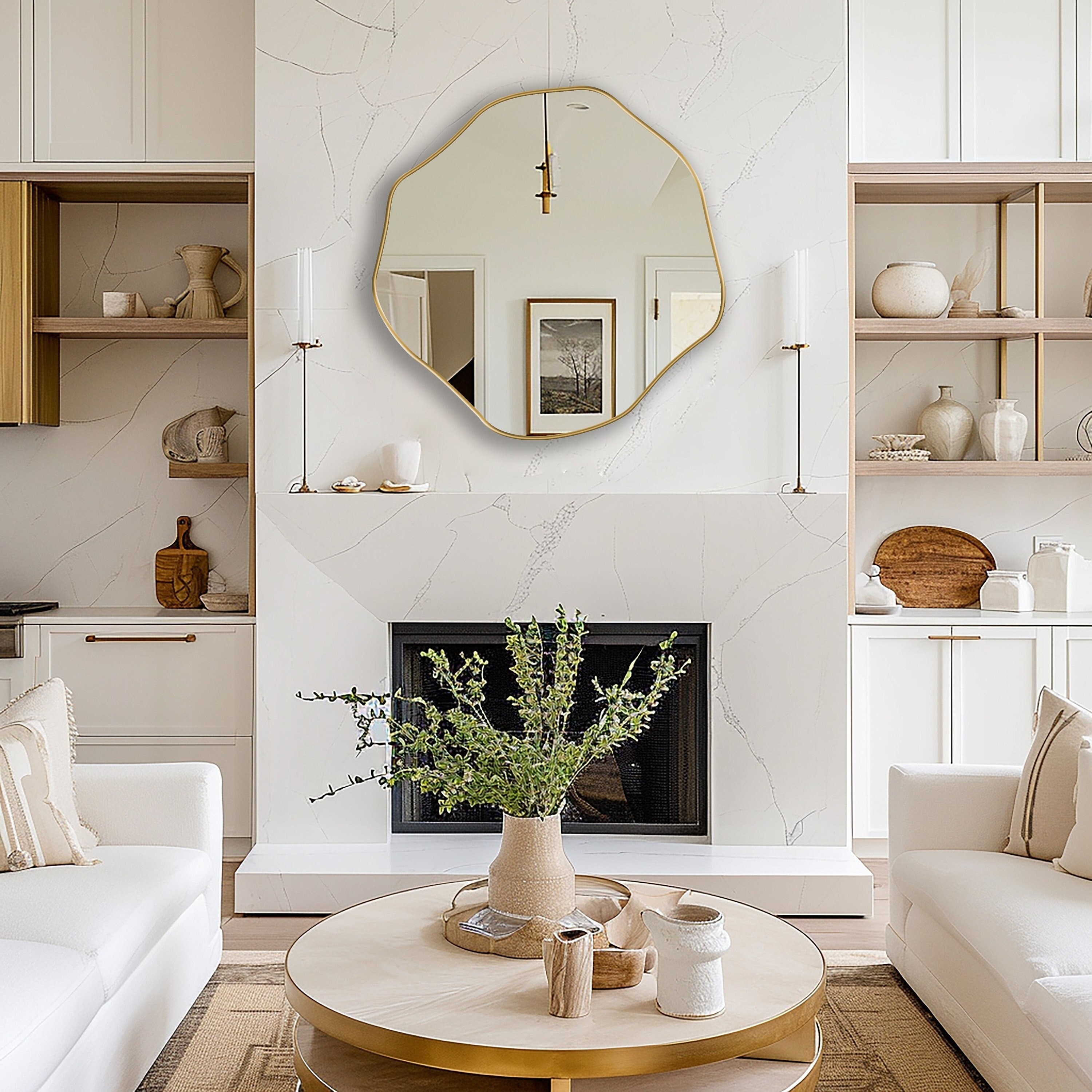 Wall Mirror: Organic Wavy Edge Gold Toned Asymmetric Accent Mirror