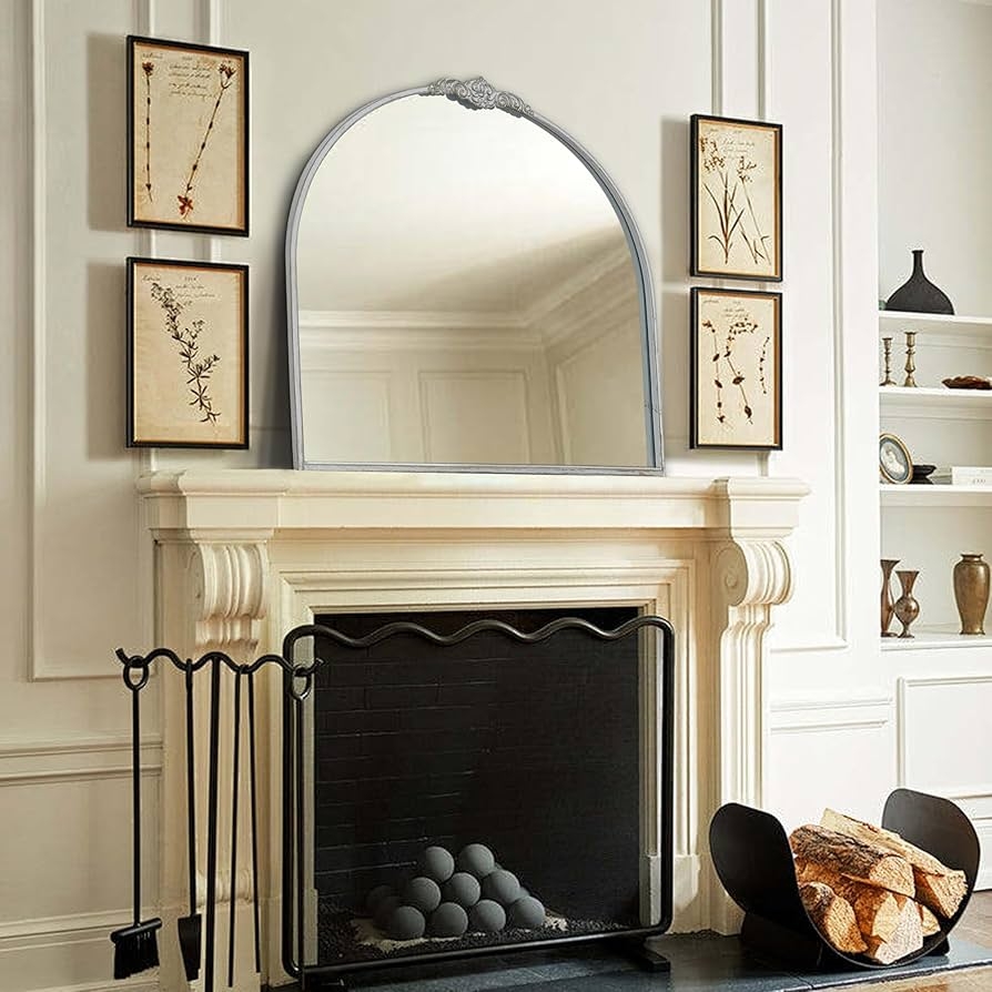 Wall Mirror Semicircle Shape Ornate Crest Silver