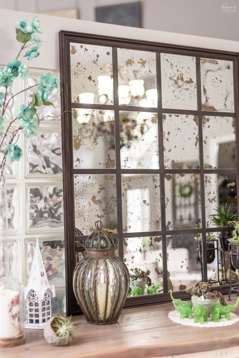 Wall Mirror with Foxed Glass and Window Pane Wall Decor