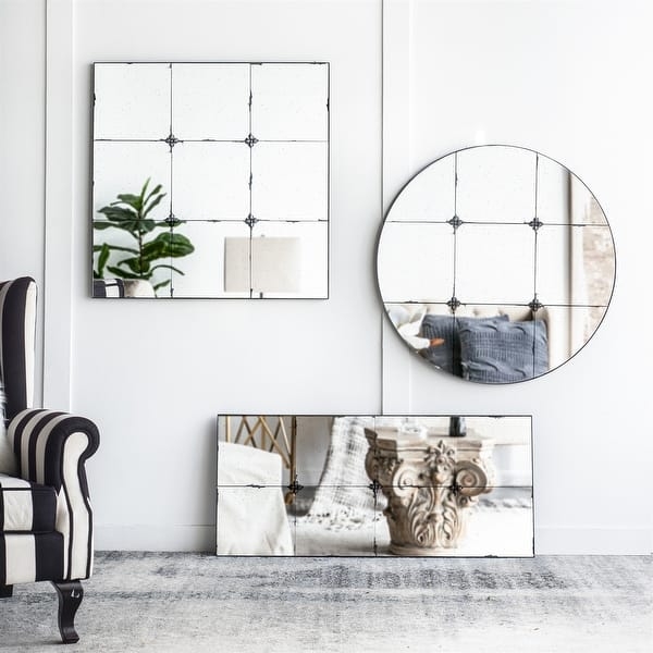 Wall Mirror with Paneled Glass and Distressed Glass Decor