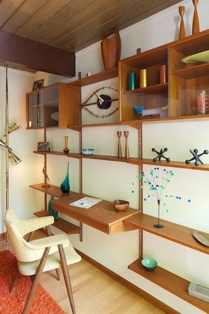 Wall Mounted Desk System with Wood Paneled Ceiling Style