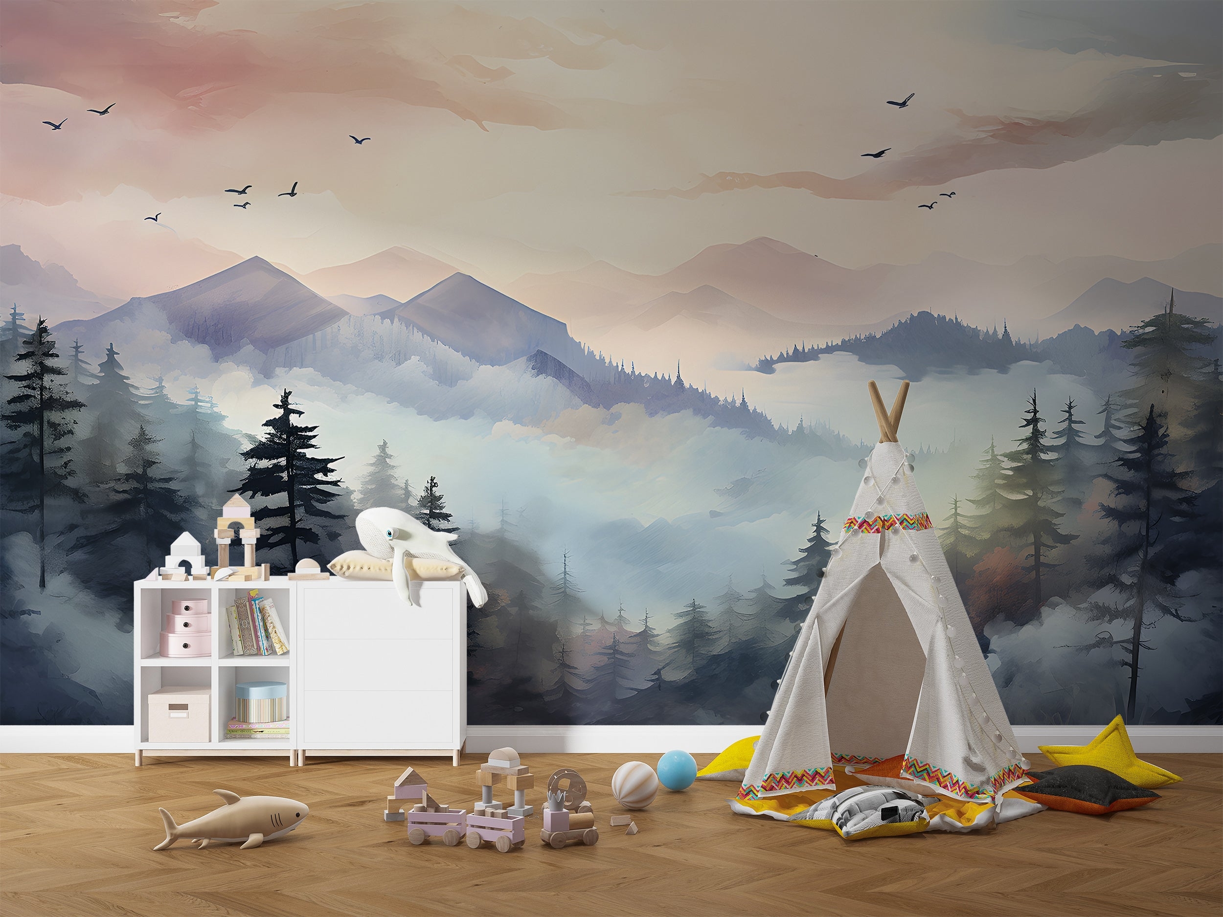 Wall Mural: Misty Mountains Watercolor Landscape Mural Idea