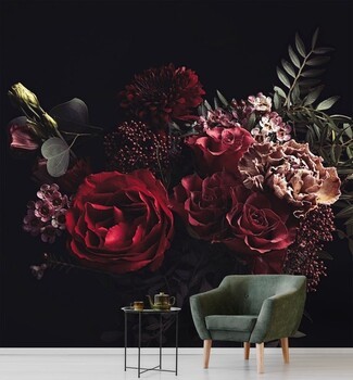 Wall Mural Oversized Red Blooms Deep Burgundy Rose Pattern