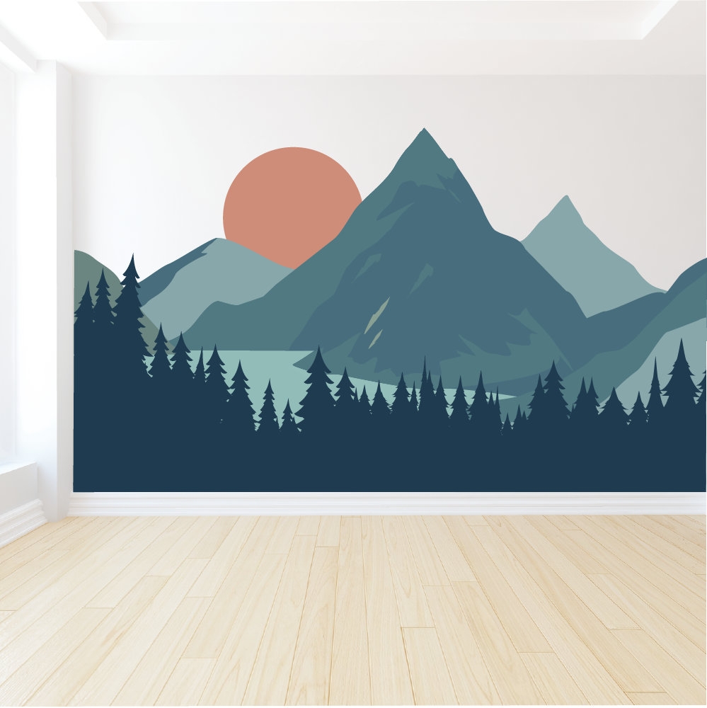 Wall Mural: Oversized Sun Layered Peaks Navy Forest Silhouette