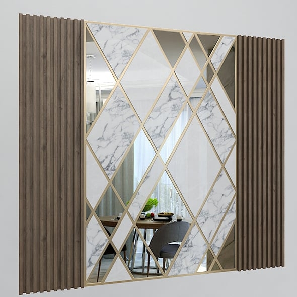 Wall Panel with Fluted Wood Sides and Geometric Mirror Wall Art