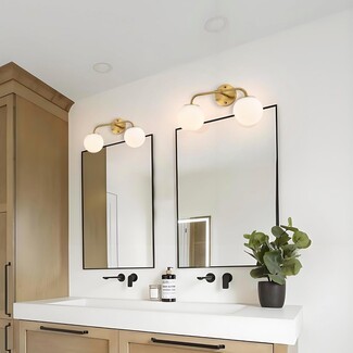 Wall Sconce: Dual Globe Shades with Gold Toned Curved Arm