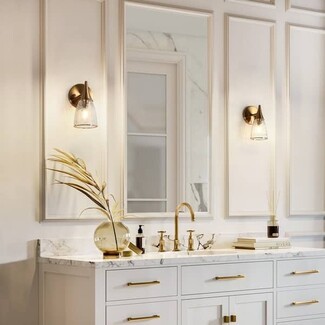 Wall Sconce: Gold Textured Glass Shade for Luxury Powder Room