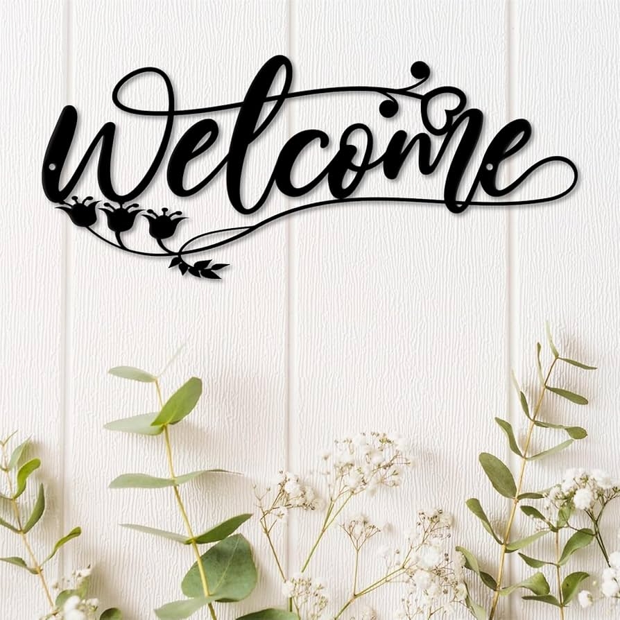 Wall Sign Matte Black Cursive Script Floral Motif Art