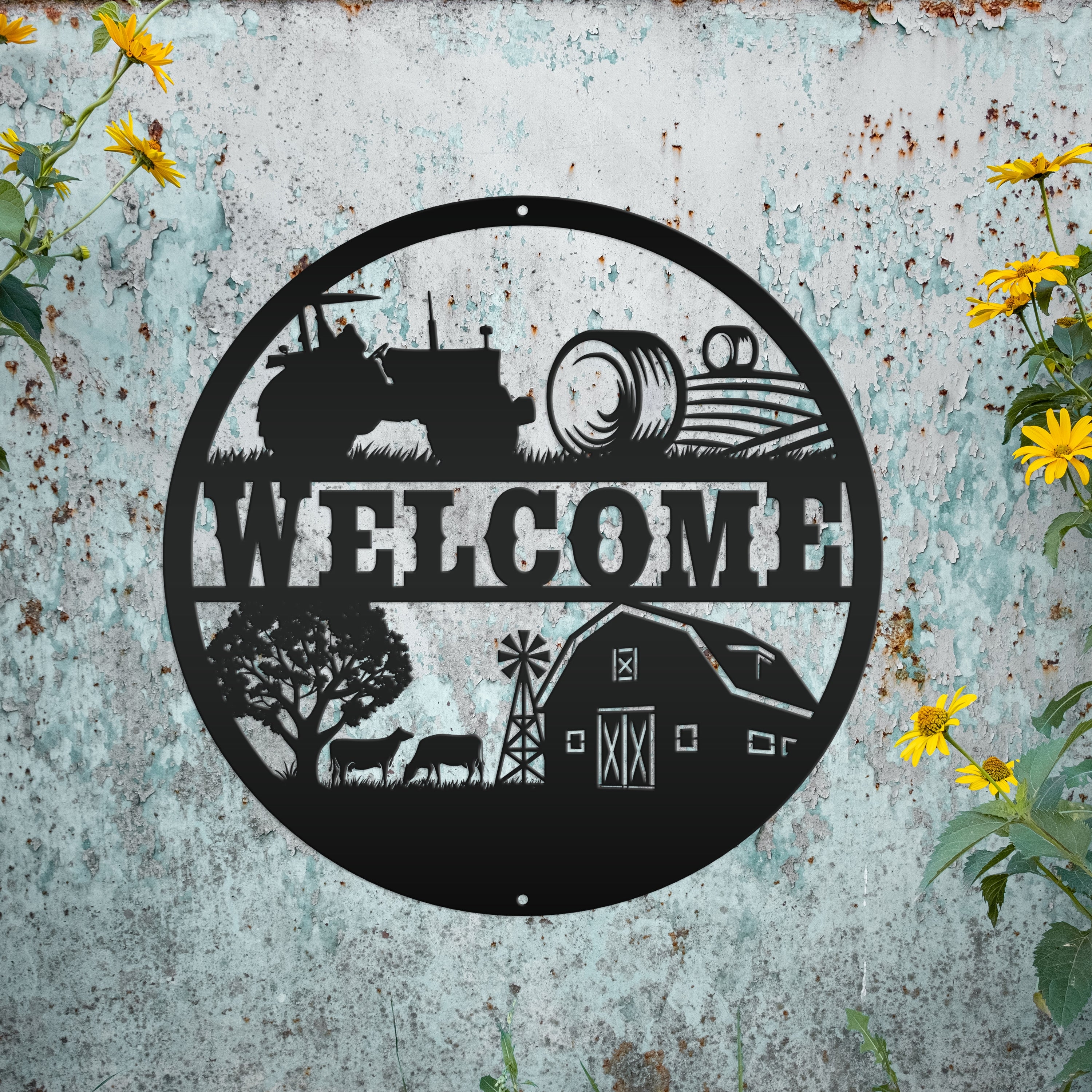 Wall Sign Round Metal Farm Silhouette Tractor Art