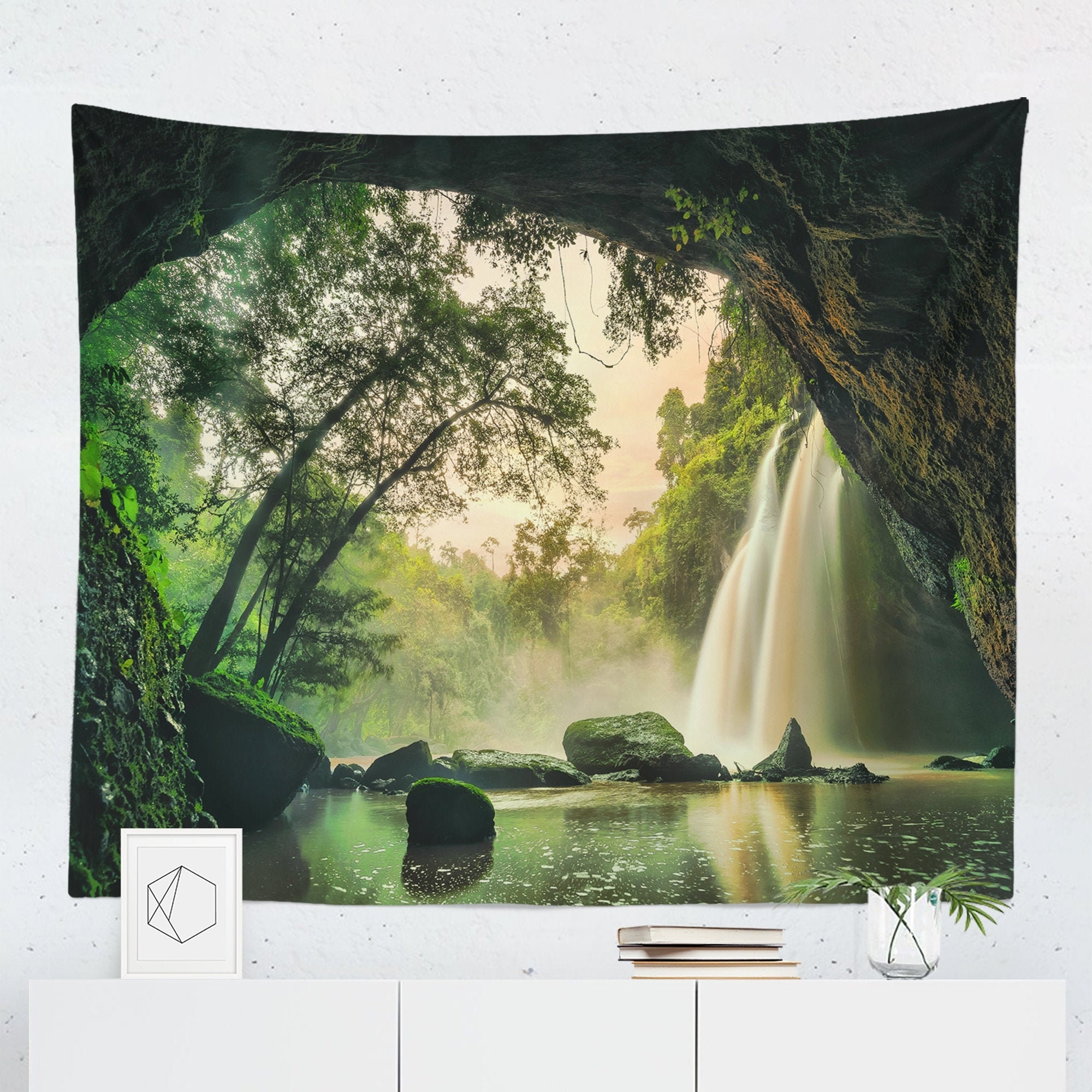 Wall Tapestry Cave Framing Misty Waterfall Landscape Art