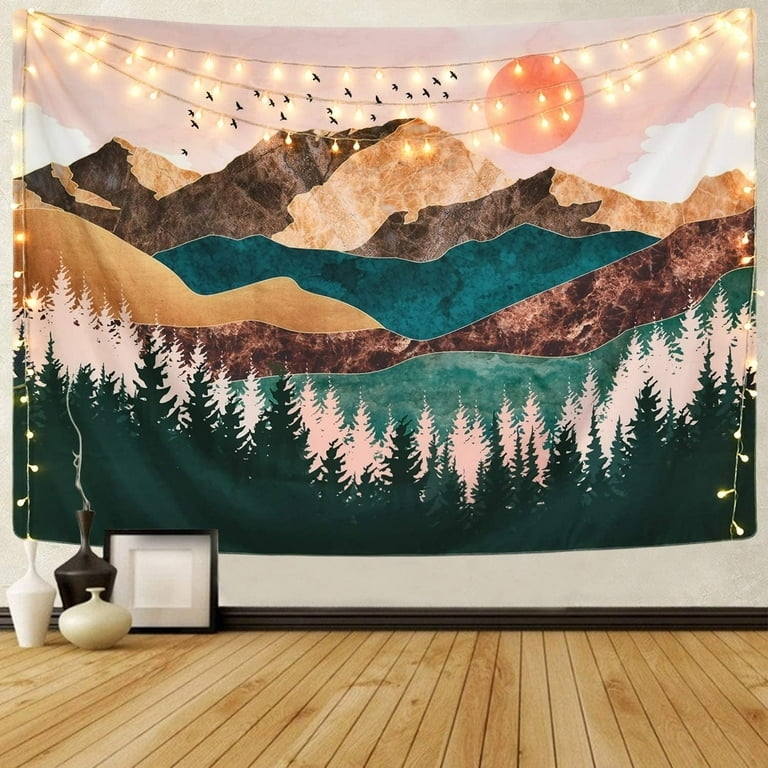 Wall Tapestry Globe String Lights Boho Forest Wall Art