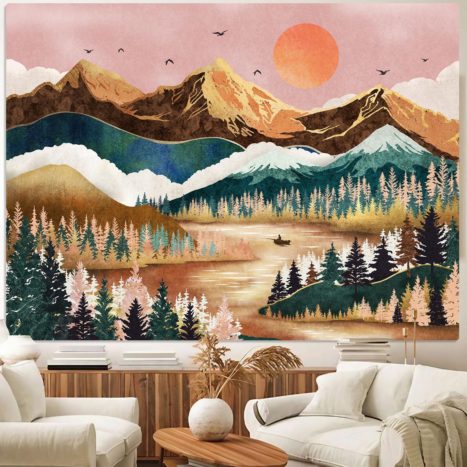 Wall Tapestry Sunset Orange Mountain Landscape Decor