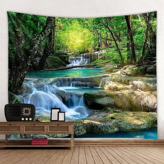 Wall Tapestry Turquoise Blue Waterfall Landscape Mural
