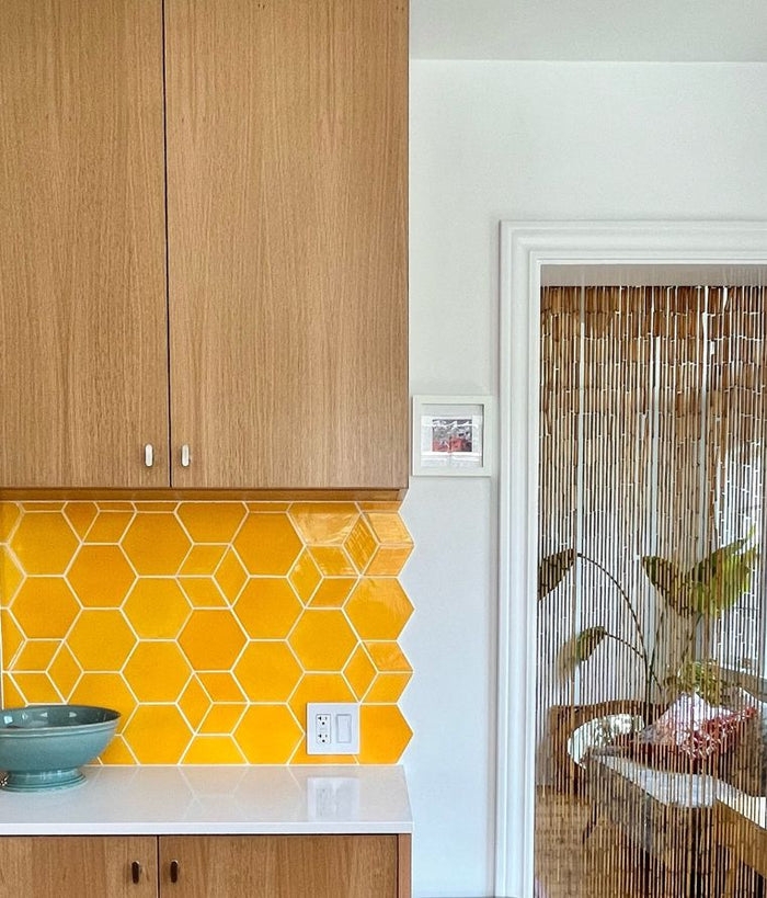 Wall Tile: Yellow Hexagon Tile with Organic Edge Design