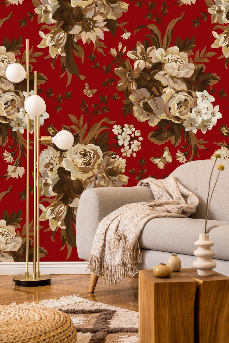 Wallpaper Botanical Floral Print Deep Red Modernist Mural