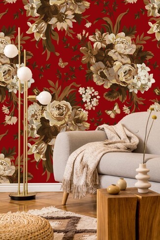 Wallpaper Botanical Floral Print Deep Red Modernist Mural