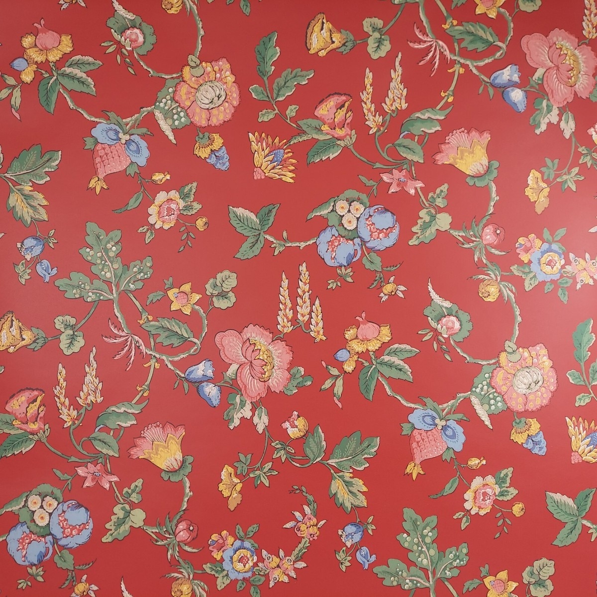 Wallpaper Botanical Vines Ruby Red Classical Floral Print