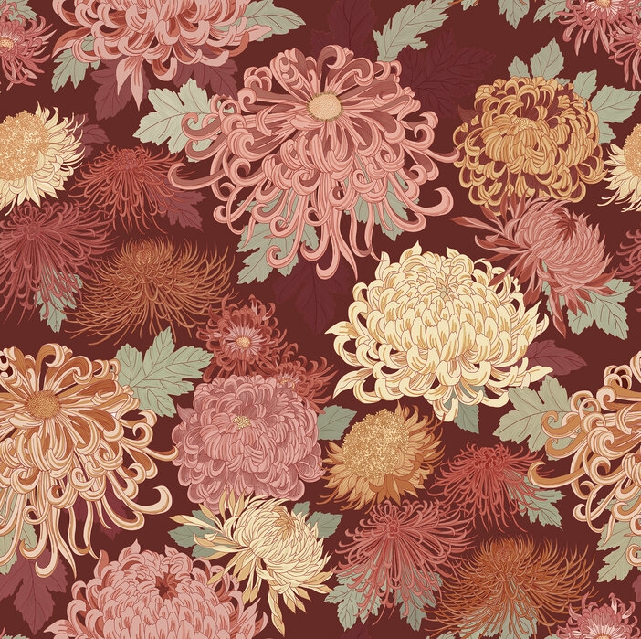 Wallpaper Chrysanthemum Motif Burgundy Red Chinoiserie Print